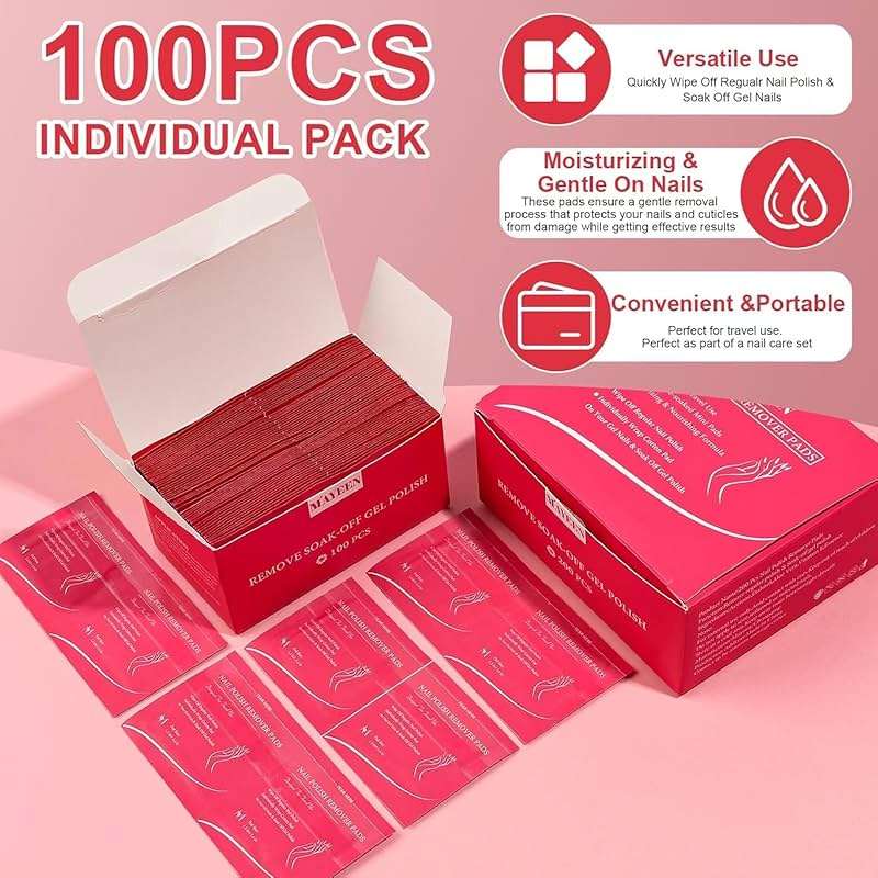 MAYEEN Nail Polish Remover Pads 100 Pack Individually Wrapped Acetone Gel Polish Remover Pads Nail Polish Remover Wipes Travel Pad For Gel & Acrylic Nails Moisturizing & Gentle - Image 2