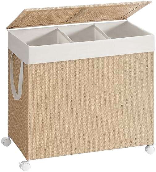 SONGMICS HOME Laundry Hamper with 3 Section, Large 140 L Rolling Laundry Basket with Wheels, Rattan Clothes Basket with Lid, Removable Liner with Handles, Natural Beige and Matte White ULCB602N01 - Image 1