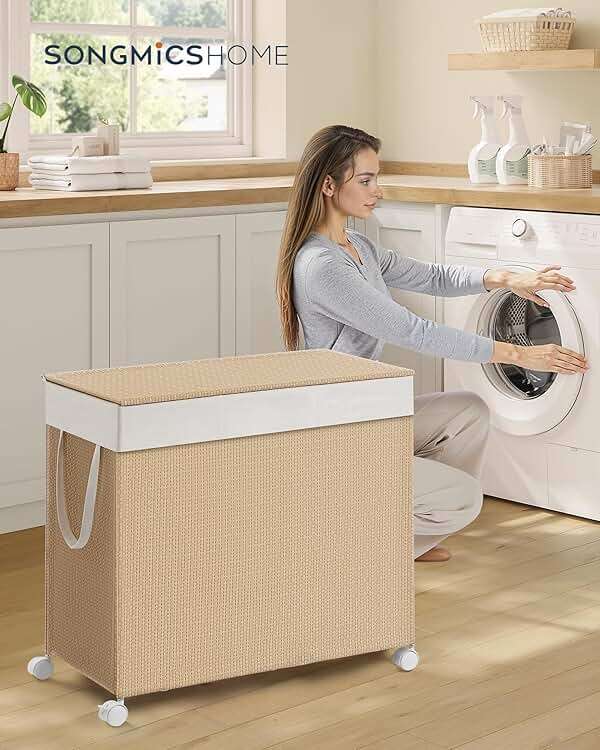 SONGMICS HOME Laundry Hamper with 3 Section, Large 140 L Rolling Laundry Basket with Wheels, Rattan Clothes Basket with Lid, Removable Liner with Handles, Natural Beige and Matte White ULCB602N01 - Image 2
