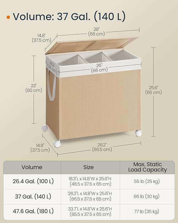 SONGMICS HOME Laundry Hamper with 3 Section, Large 140 L Rolling Laundry Basket with Wheels, Rattan Clothes Basket with Lid, Removable Liner with Handles, Natural Beige and Matte White ULCB602N01 - Image 3