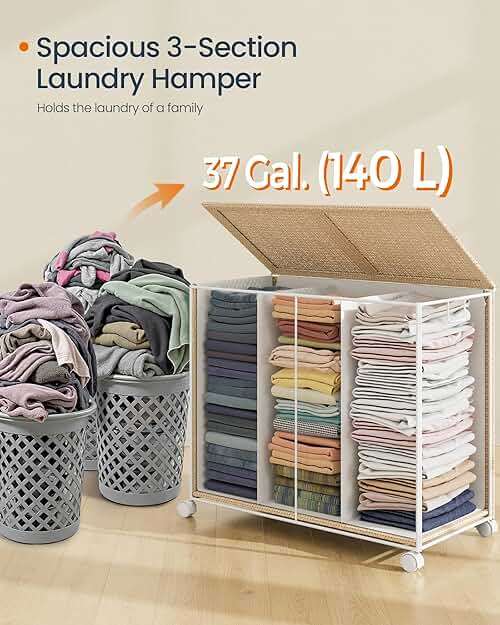 SONGMICS HOME Laundry Hamper with 3 Section, Large 140 L Rolling Laundry Basket with Wheels, Rattan Clothes Basket with Lid, Removable Liner with Handles, Natural Beige and Matte White ULCB602N01 - Image 6