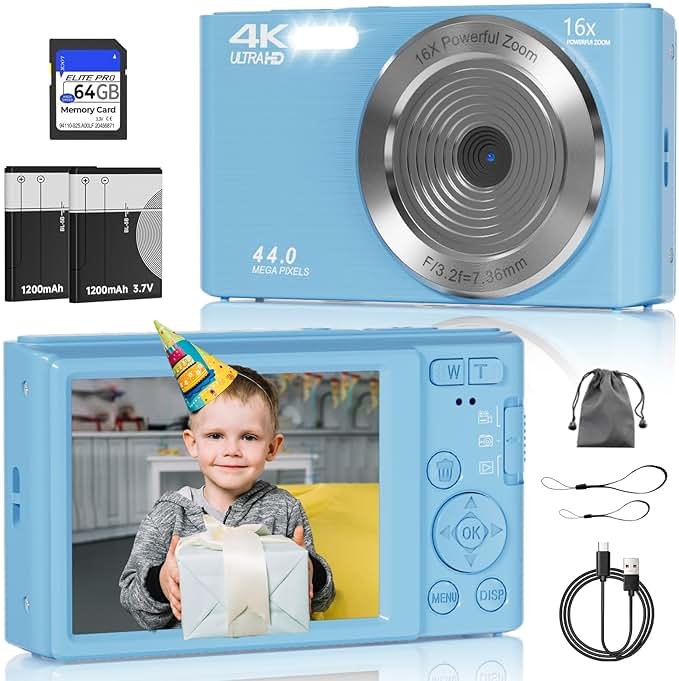 Digital Camera, FHD 4K Digital Camera with 64GB SD Card, 44MP Digital Point and Shoot Camera, 16X Digital Zoom, Anti Shake, 3-LED Fill Lights, Compact Camera for Kids Teen Boys Girls, Blue - Product Image