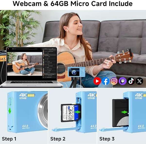 Digital Camera, FHD 4K Digital Camera with 64GB SD Card, 44MP Digital Point and Shoot Camera, 16X Digital Zoom, Anti Shake, 3-LED Fill Lights, Compact Camera for Kids Teen Boys Girls, Blue - Image 6