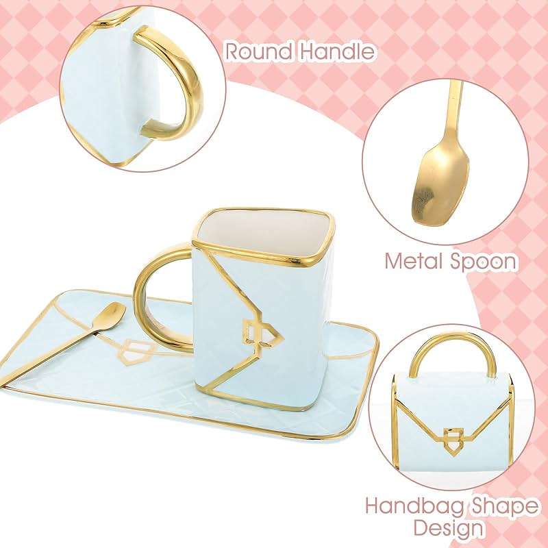 JIEYAO Handbag Coffee Mugs Set of 4, 10 Oz/ 310 ml Handbag Ceramic Tea Cup, Cute Purse Gift Mug with Saucer Spoon Modern Ceramic Purse Coffee Mug Creative Design Travel Tea Cup for Women Office Home - Image 4
