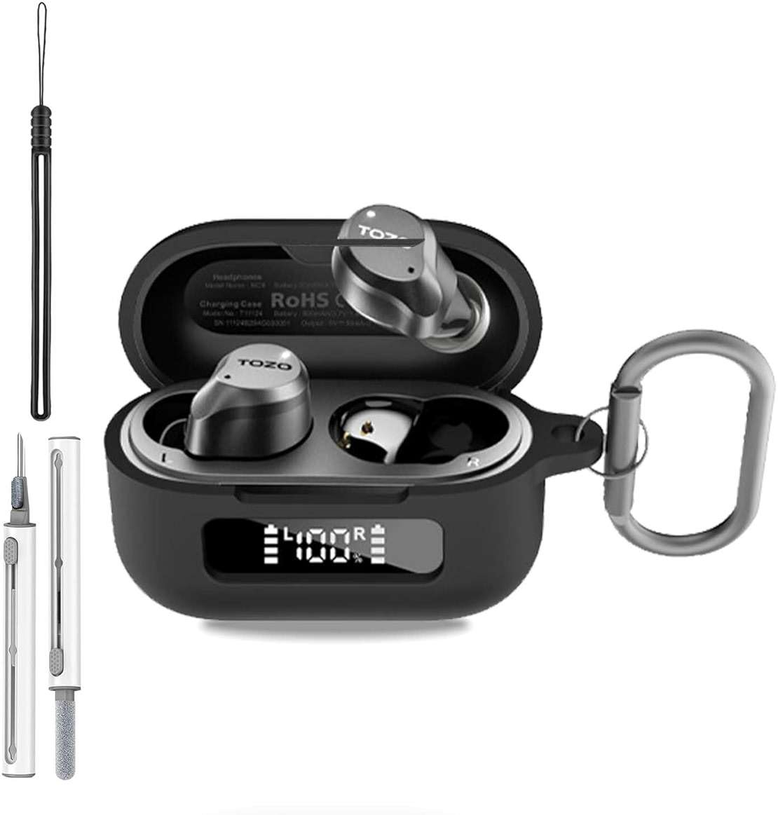 for TOZO NC9 2024 Case Cover, Full Protective Silicone Skin Cover for TOZO NC9 2024 Released,with Keychain & Lanyard and Cleaner Kit, Front LED Visible, Black - Image 1