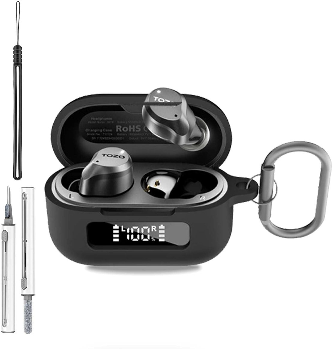 for TOZO NC9 2024 Case Cover, Full Protective Silicone Skin Cover for TOZO NC9 2024 Released,with Keychain & Lanyard and Cleaner Kit, Front LED Visible, Black - Product Image
