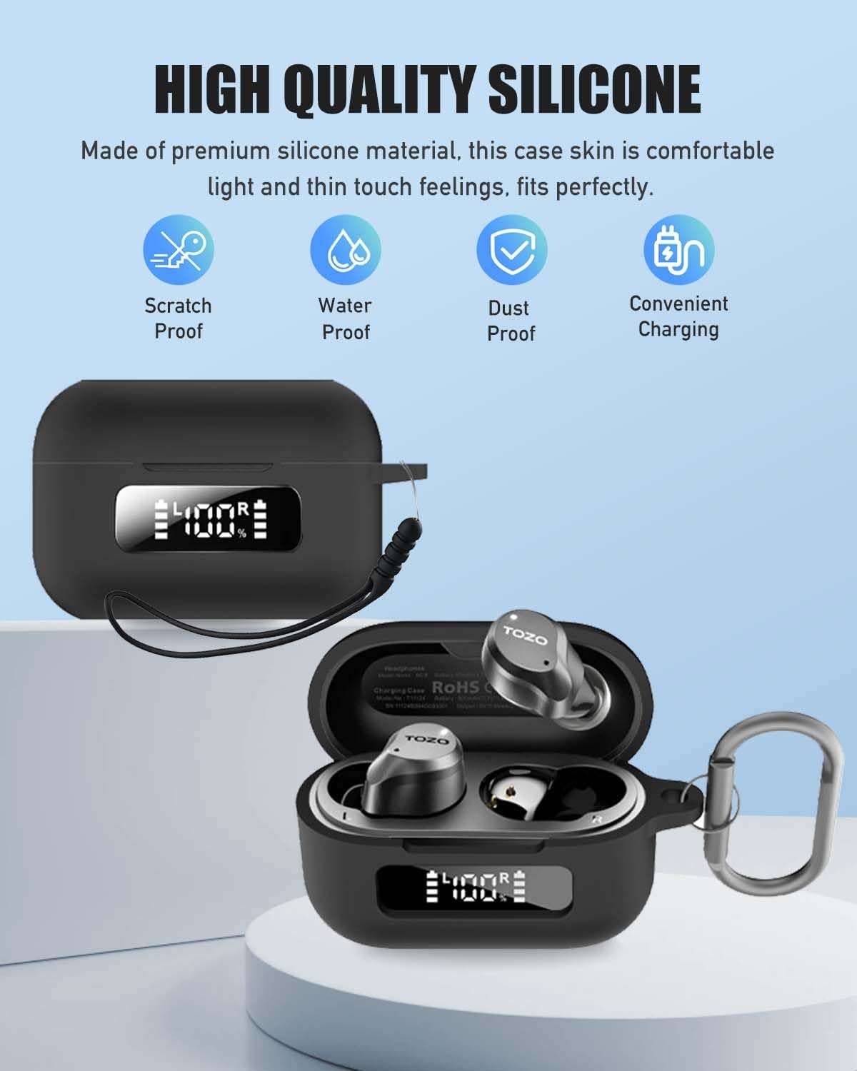 for TOZO NC9 2024 Case Cover, Full Protective Silicone Skin Cover for TOZO NC9 2024 Released,with Keychain & Lanyard and Cleaner Kit, Front LED Visible, Black - Image 2