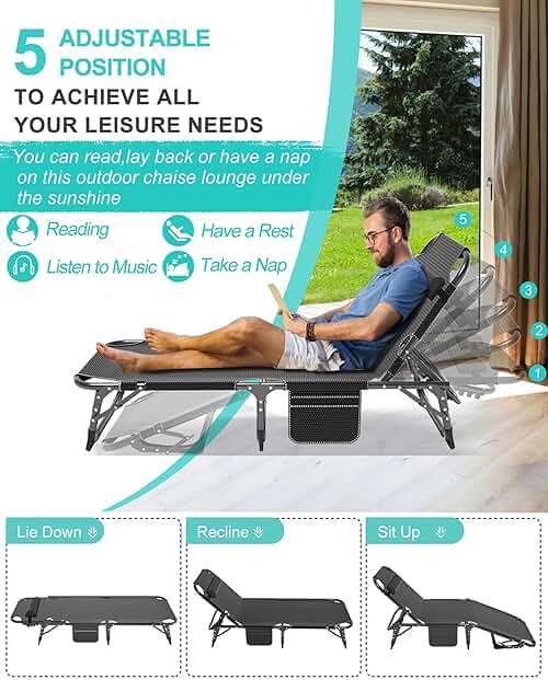 ABORON 3-in-1 Folding Lounge Chair with Padded Cushion, 440LB Heavy-Duty 3-Fold Adjustable Recliner & Guest Bed, No Assembly Portable Chaise Lounge for Patio, Poolside, Office Nap & Camping - Image 3