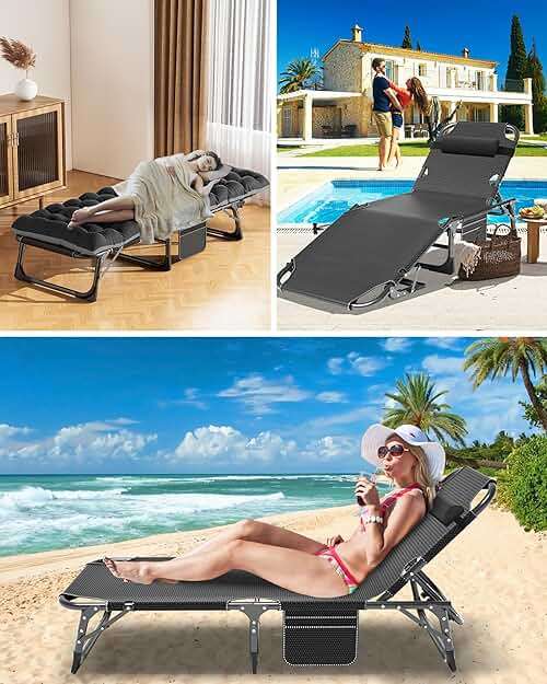 ABORON 3-in-1 Folding Lounge Chair with Padded Cushion, 440LB Heavy-Duty 3-Fold Adjustable Recliner & Guest Bed, No Assembly Portable Chaise Lounge for Patio, Poolside, Office Nap & Camping - Image 5