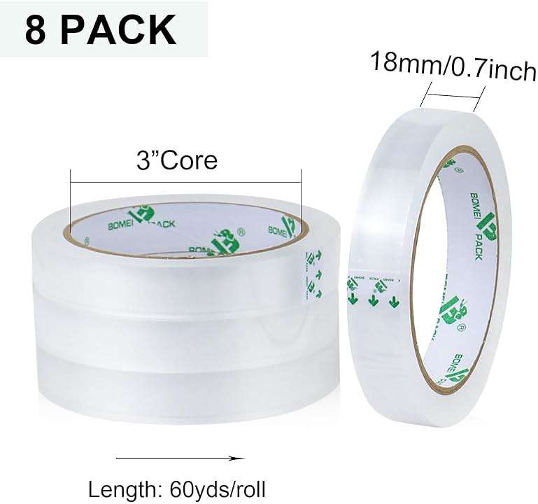 BOMEI PACK 8Rolls Clear Tape Refills for Dispenser, Transparent Gift Wrap Tape 3inch Core for Home, Office, 3/4inch x 60yds - Image 3