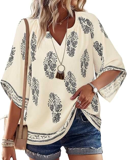 Bebonnie Womens 3/4 Sleeve V Neck Bohemian Peasant Blouses Casual Loose Fit Tunic Tops - Product Image