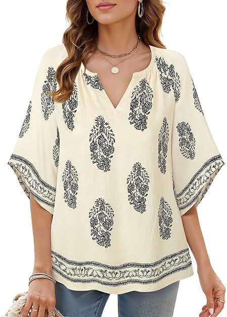 Bebonnie Womens 3/4 Sleeve V Neck Bohemian Peasant Blouses Casual Loose Fit Tunic Tops - Image 2