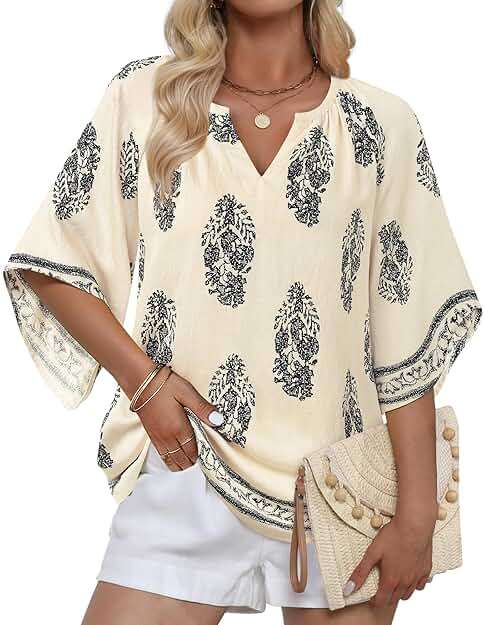 Bebonnie Womens 3/4 Sleeve V Neck Bohemian Peasant Blouses Casual Loose Fit Tunic Tops - Image 3