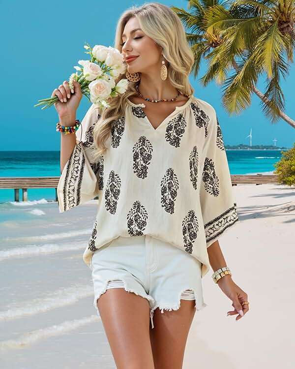 Bebonnie Womens 3/4 Sleeve V Neck Bohemian Peasant Blouses Casual Loose Fit Tunic Tops - Image 4