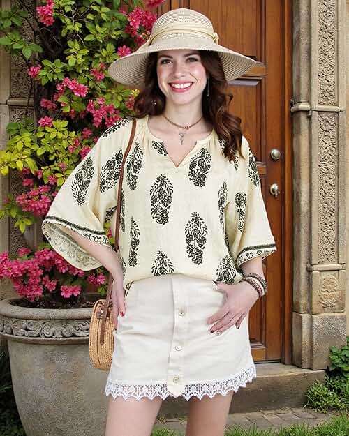 Bebonnie Womens 3/4 Sleeve V Neck Bohemian Peasant Blouses Casual Loose Fit Tunic Tops - Image 5