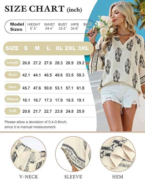 Bebonnie Womens 3/4 Sleeve V Neck Bohemian Peasant Blouses Casual Loose Fit Tunic Tops - Image 7