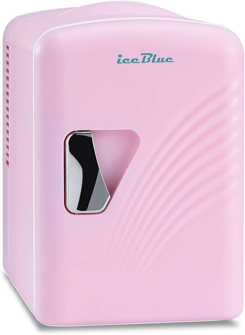 Iceblue Mini Fridge, Retro 4 Liter /6 Cans Mini Skincare Fridge, AC Plug & 12V Car Charger Mini Makeup Fridge, Compact & Portable 4A Cooling Tiny Fridge for Bedroom, Car, Office, Dorm, Gift - Pink - Image 1