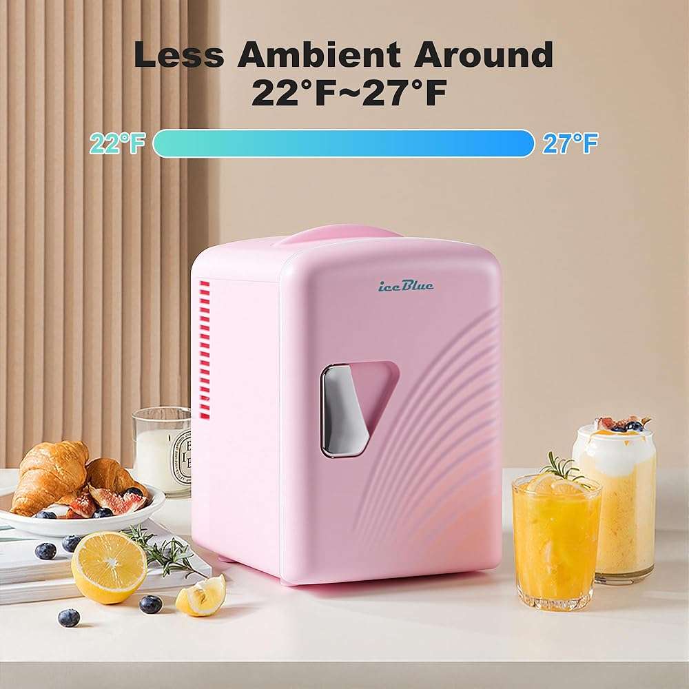 Iceblue Mini Fridge, Retro 4 Liter /6 Cans Mini Skincare Fridge, AC Plug & 12V Car Charger Mini Makeup Fridge, Compact & Portable 4A Cooling Tiny Fridge for Bedroom, Car, Office, Dorm, Gift - Pink - Image 3