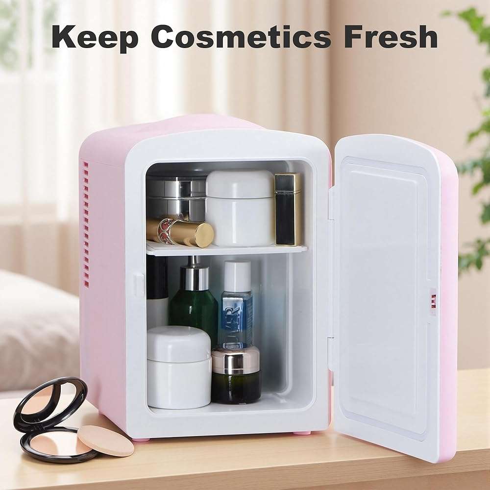 Iceblue Mini Fridge, Retro 4 Liter /6 Cans Mini Skincare Fridge, AC Plug & 12V Car Charger Mini Makeup Fridge, Compact & Portable 4A Cooling Tiny Fridge for Bedroom, Car, Office, Dorm, Gift - Pink - Image 5