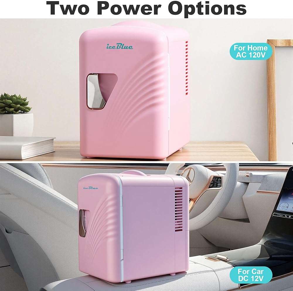 Iceblue Mini Fridge, Retro 4 Liter /6 Cans Mini Skincare Fridge, AC Plug & 12V Car Charger Mini Makeup Fridge, Compact & Portable 4A Cooling Tiny Fridge for Bedroom, Car, Office, Dorm, Gift - Pink - Image 6
