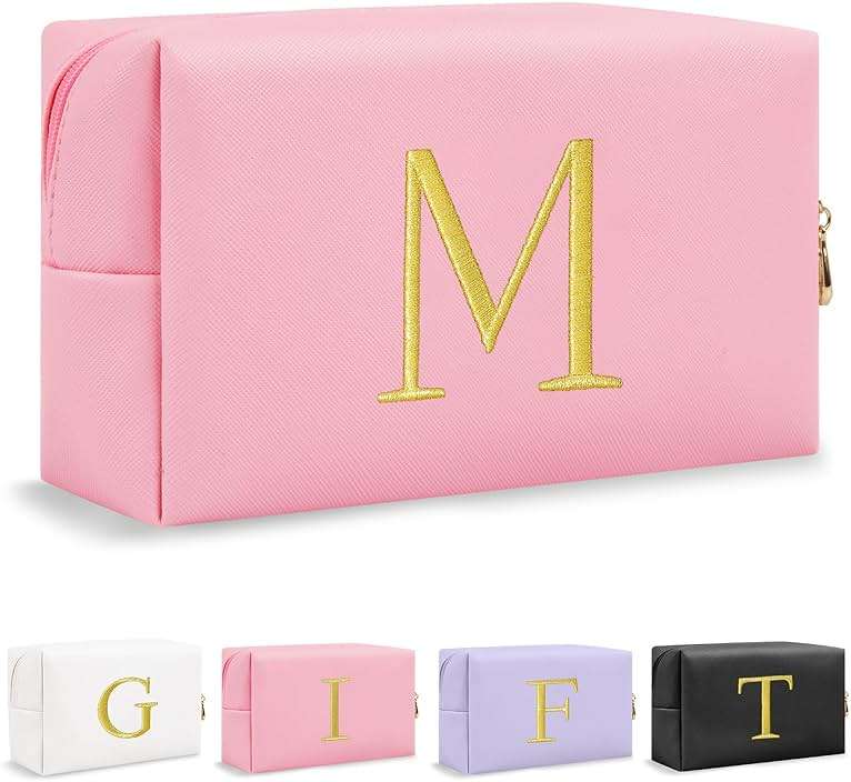 Personalized Gift Initial Makeup Bag,Preppy Gold Embroidered Letter Cosmetic Bag Stocking Stuffers for Teen Girls,Small Travel Toiletry Bag,Custom Christmas Birthday Gift for Women Mom Kids(Pink-M) - Image 1