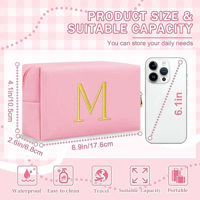 Personalized Gift Initial Makeup Bag,Preppy Gold Embroidered Letter Cosmetic Bag Stocking Stuffers for Teen Girls,Small Travel Toiletry Bag,Custom Christmas Birthday Gift for Women Mom Kids(Pink-M) - Image 2