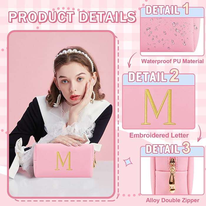 Personalized Gift Initial Makeup Bag,Preppy Gold Embroidered Letter Cosmetic Bag Stocking Stuffers for Teen Girls,Small Travel Toiletry Bag,Custom Christmas Birthday Gift for Women Mom Kids(Pink-M) - Image 3