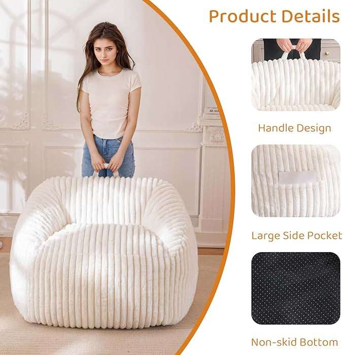 BYBYME Giant Bean Bag Chair for Adults and Kids, Large Comfy Cozy Beanbag, Floor Sofa for Teens, Living Room, Gaming, Reading, Beige - Image 3