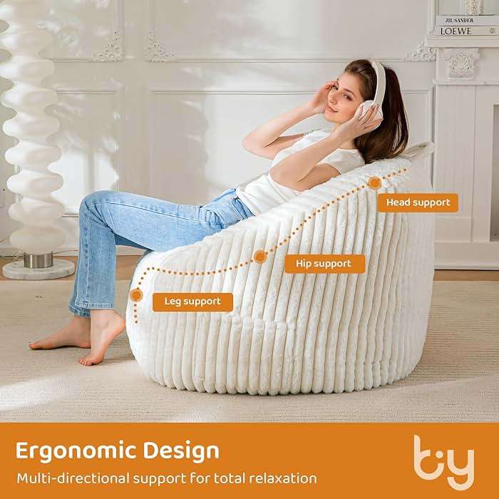 BYBYME Giant Bean Bag Chair for Adults and Kids, Large Comfy Cozy Beanbag, Floor Sofa for Teens, Living Room, Gaming, Reading, Beige - Image 5