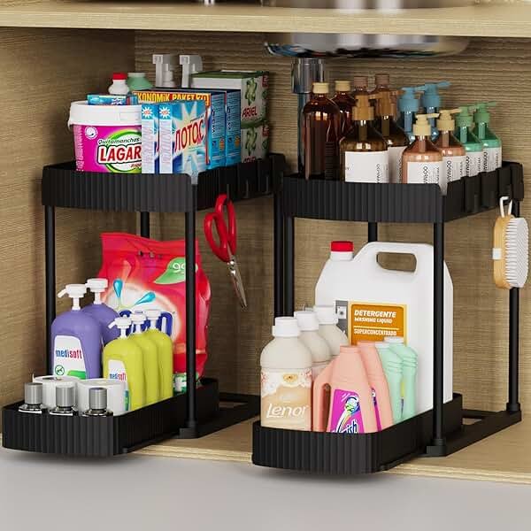 Ukeetap Multi-Purpose Pull-Out Storage Organizers, Under Sink/Cabinet Organizers and Storage for Bathroom & Kitchen, Black, 12.8 Inches, 2 Packs - Product Image