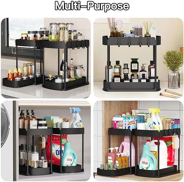 Ukeetap Multi-Purpose Pull-Out Storage Organizers, Under Sink/Cabinet Organizers and Storage for Bathroom & Kitchen, Black, 12.8 Inches, 2 Packs - Image 6