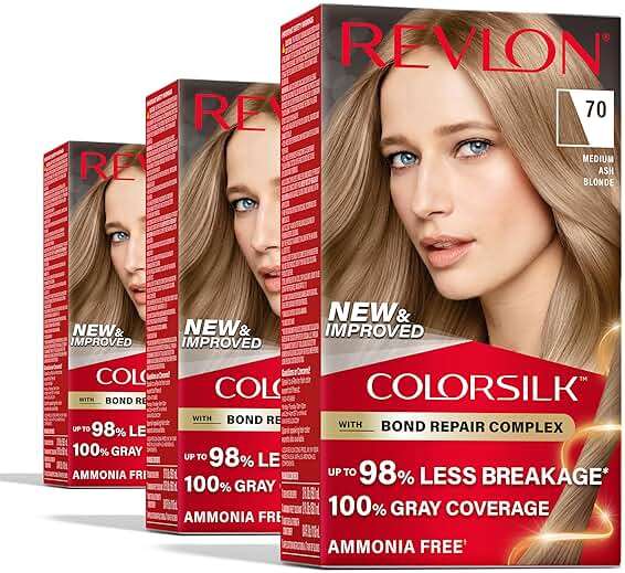 Revlon ColorSilk with Bond Repair Complex, Blonde Permanent Hair Color, 100% Gray Coverage, Ammonia Free Hair Dye, Vegan Keratin, 70 Medium Ash Blonde (Pack of 3) - Image 1