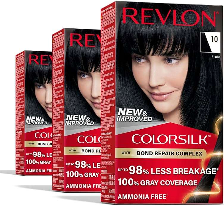 Revlon ColorSilk with Bond Repair Complex, Black Permanent Hair Color, 100% Gray Coverage, Ammonia Free Hair Dye, Vegan Keratin, 10 Black (Pack of 3) - Image 1