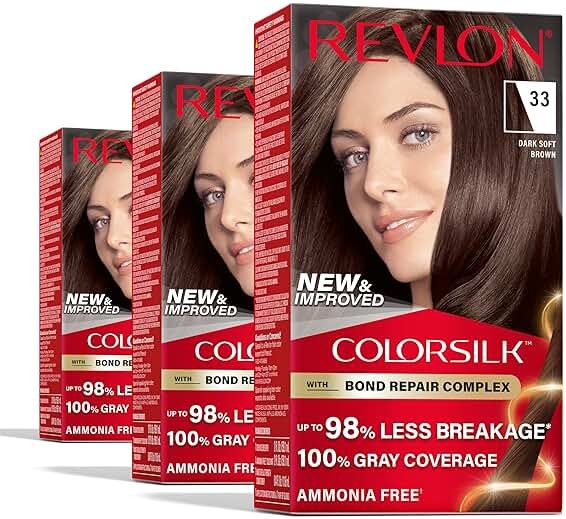 Revlon ColorSilk with Bond Repair Complex, Brown Permanent Hair Color, 100% Gray Coverage, Ammonia Free Hair Dye, Vegan Keratin, 33 Dark Soft Brown (Pack of 3) - Product Image