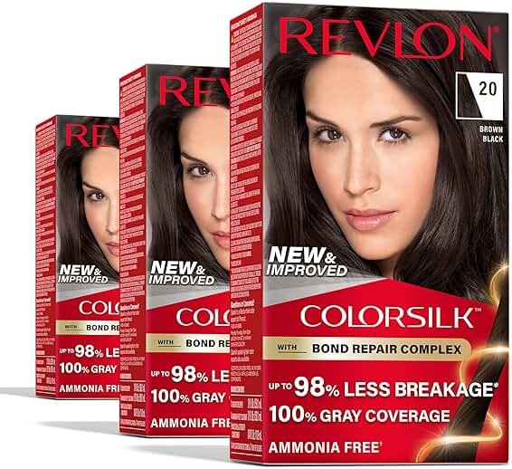 Revlon ColorSilk with Bond Repair Complex, Black Permanent Hair Color, 100% Gray Coverage, Ammonia Free Hair Dye, Vegan Keratin, 20 Brown Black (Pack of 3) - Product Image