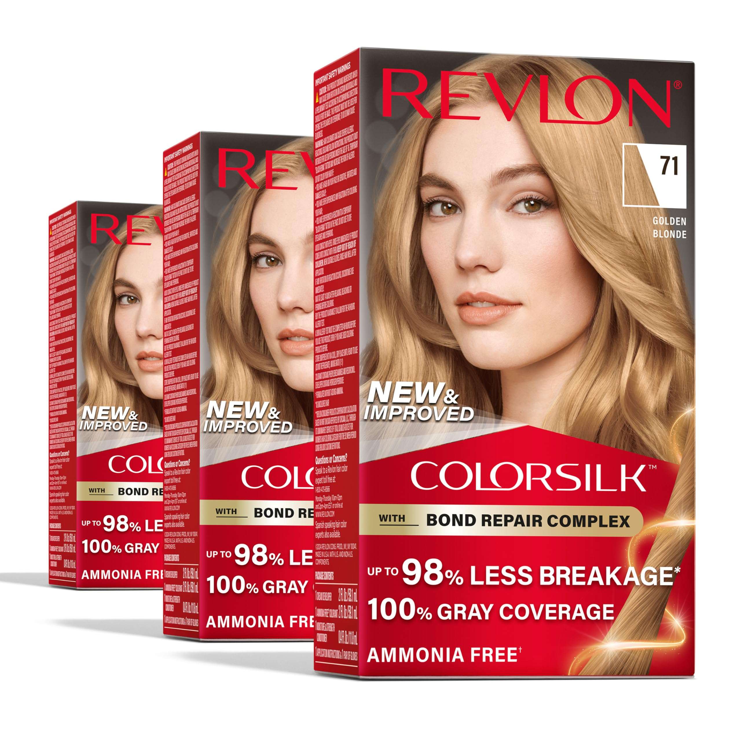 Revlon ColorSilk with Bond Repair Complex, Blonde Permanent Hair Color, 100% Gray Coverage, Ammonia Free Hair Dye, Vegan Keratin, 71 Golden Blonde (Pack of 3) - Image 1