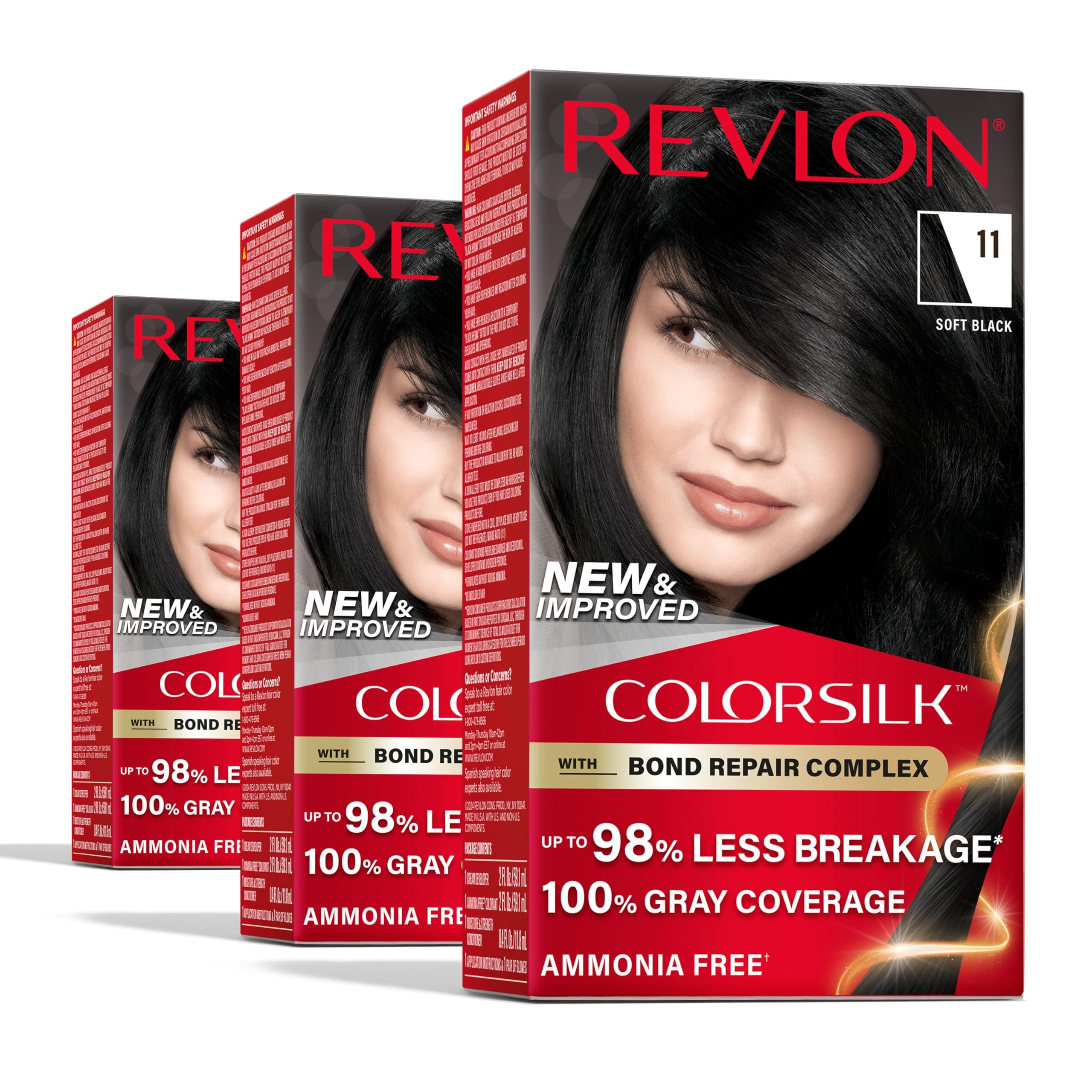 Revlon ColorSilk with Bond Repair Complex, Black Permanent Hair Color, 100% Gray Coverage, Ammonia Free Hair Dye, Vegan Keratin, 11 Soft Black (Pack of 3) - Product Image