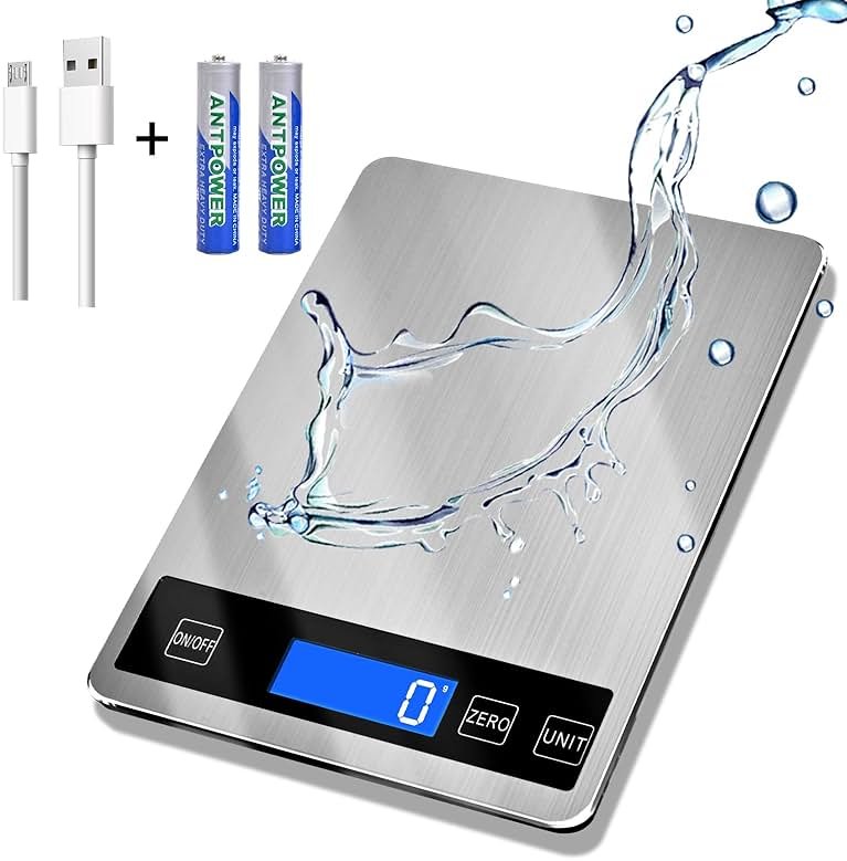 33lb Food Scale, Digital Kitchen Scale Batteries and USB Charging,1g/0.05oz Precise Graduation, Waterproof Stainless Steel with LCD Display Weight Grams and oz for Cooking Baking (Stainless Steel) - Product Image