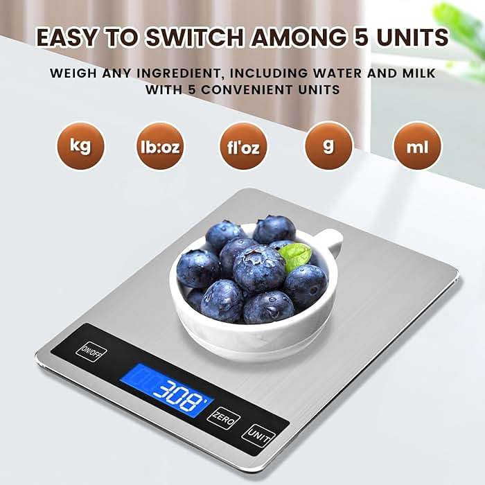 33lb Food Scale, Digital Kitchen Scale Batteries and USB Charging,1g/0.05oz Precise Graduation, Waterproof Stainless Steel with LCD Display Weight Grams and oz for Cooking Baking (Stainless Steel) - Image 4