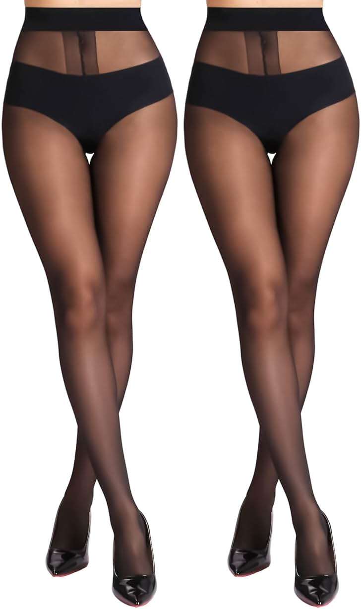 MERYLURE 20D Sheer Black Tights for Women, T-Crotch Ultra Thin Pantyhose High Waist Stockings Reinforced Toes 2 Pairs - Image 1