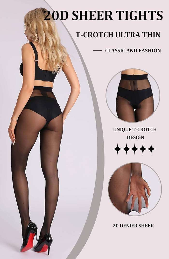MERYLURE 20D Sheer Black Tights for Women, T-Crotch Ultra Thin Pantyhose High Waist Stockings Reinforced Toes 2 Pairs - Image 4