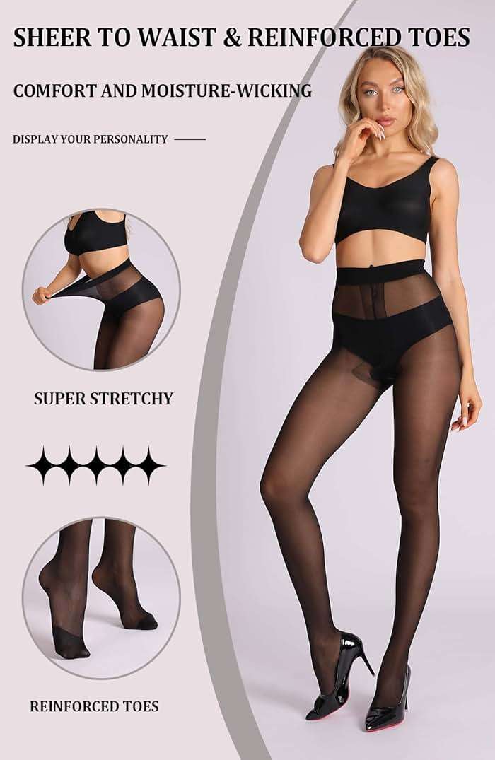 MERYLURE 20D Sheer Black Tights for Women, T-Crotch Ultra Thin Pantyhose High Waist Stockings Reinforced Toes 2 Pairs - Image 5