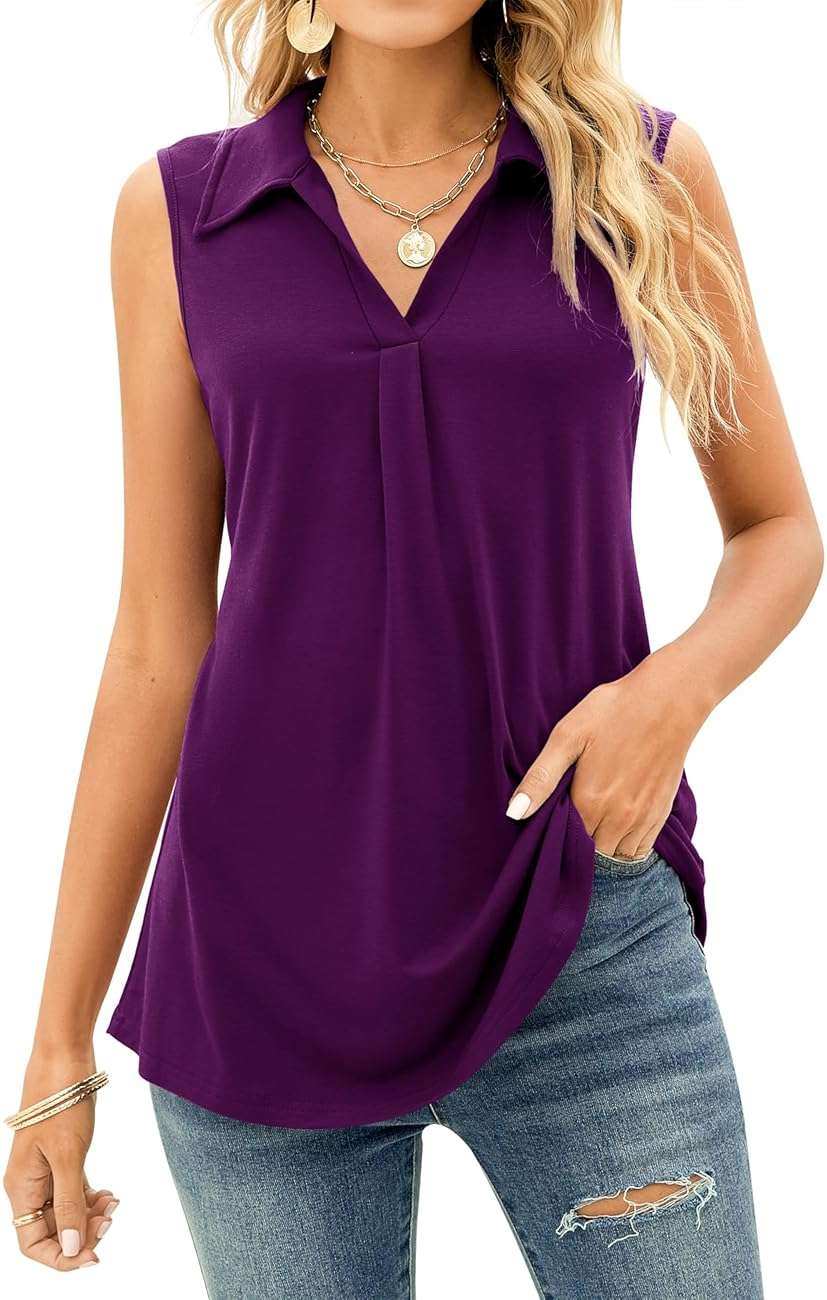 AKEWEI Sleeveless Tops for Women - Summer V Neck Casual Tank Tops Loose Solid Collar Polo Shirts - Image 1