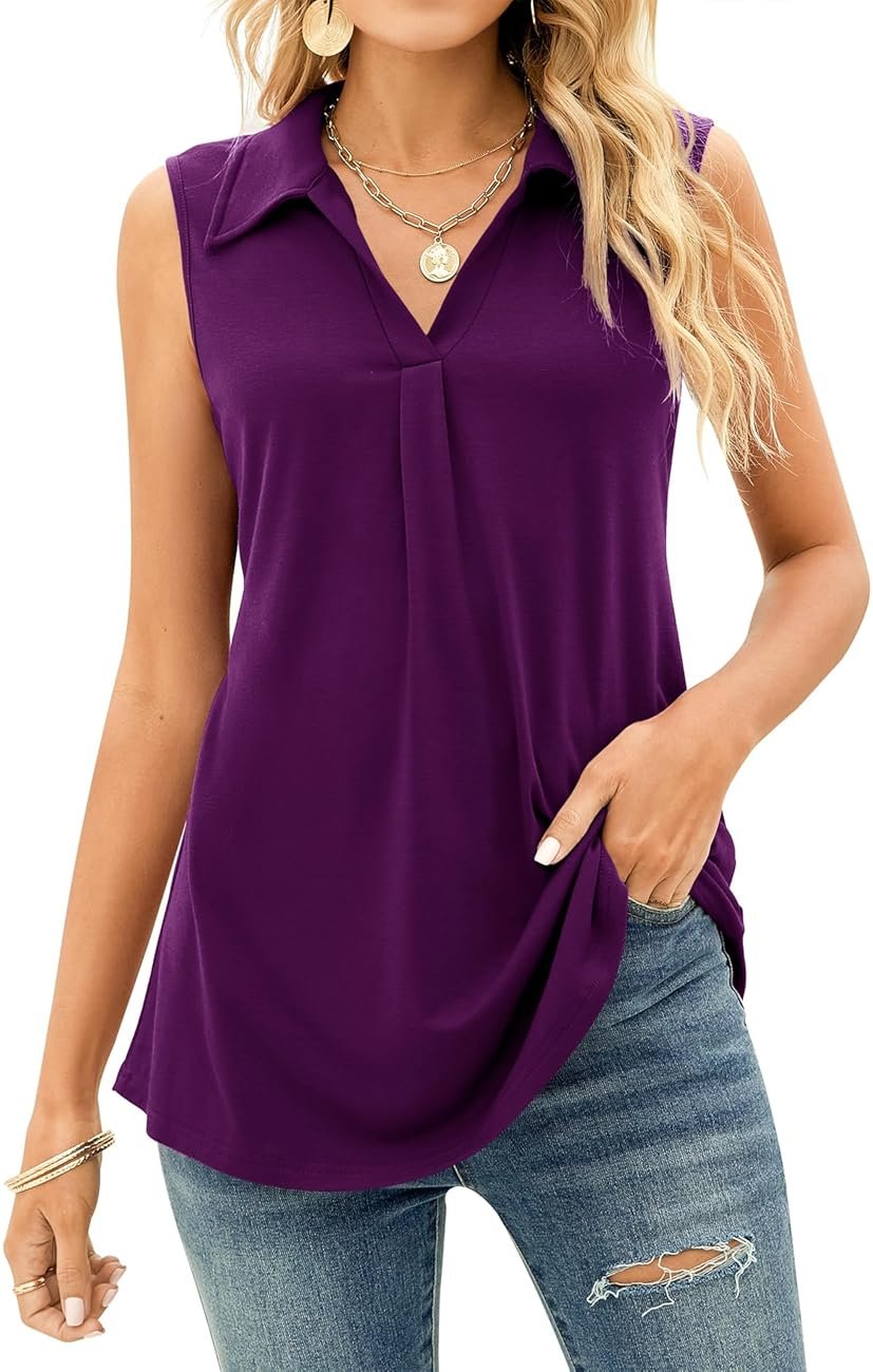 AKEWEI Sleeveless Tops for Women - Summer V Neck Casual Tank Tops Loose Solid Collar Polo Shirts - Product Image