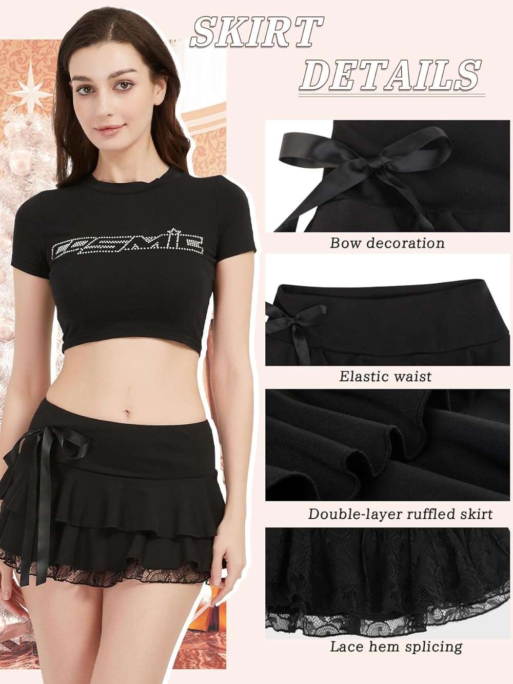 Monbessi Mini Skirt for Women Ruffle Skirt Lace Pleated Goth Short Skirt Halloween Sexy Skirts Two Layer - Image 4