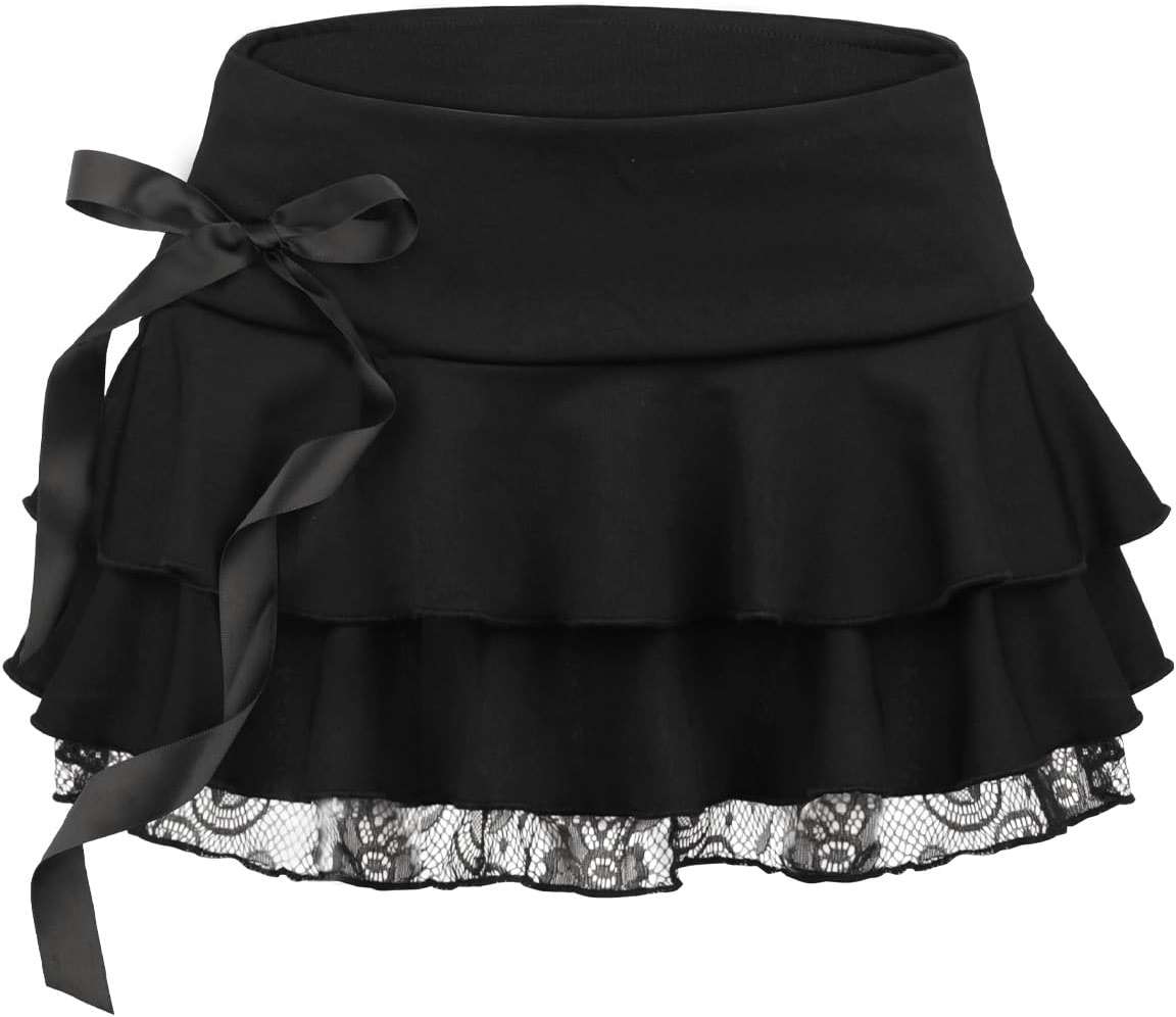 Monbessi Mini Skirt for Women Ruffle Skirt Lace Pleated Goth Short Skirt Halloween Sexy Skirts Two Layer - Image 7
