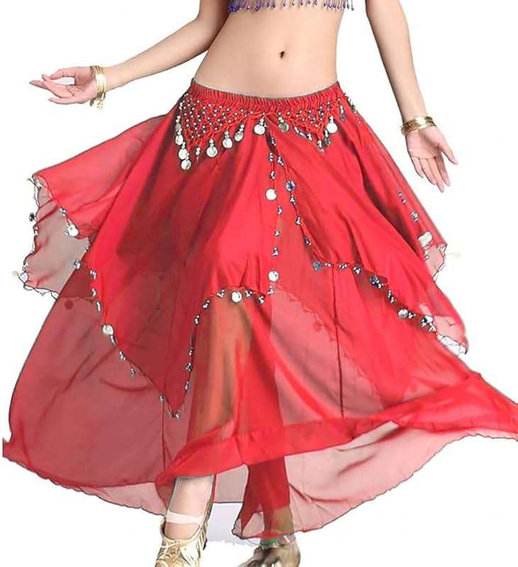 Tefrica Women's Chiffon Belly Dance Costume Skirts Indian Dance Skirt with Coins - Image 1