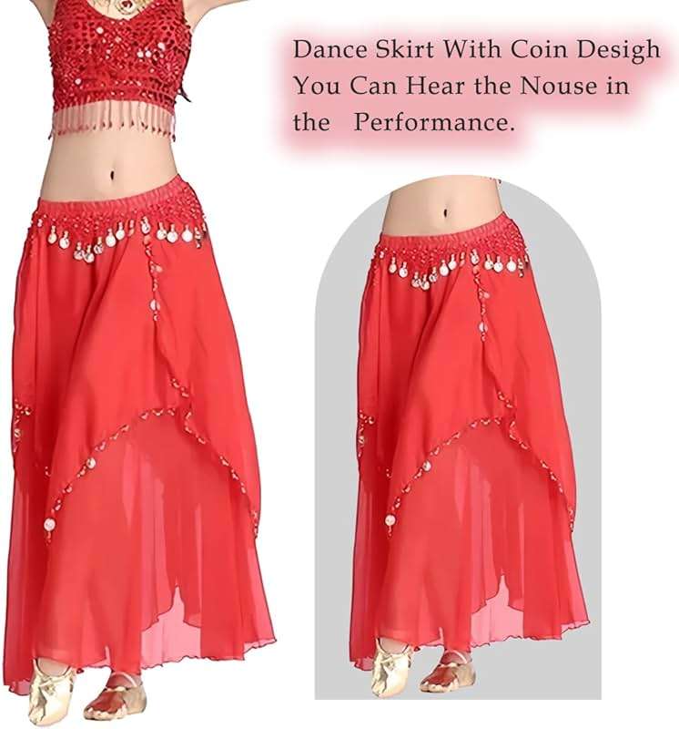 Tefrica Women's Chiffon Belly Dance Costume Skirts Indian Dance Skirt with Coins - Image 2