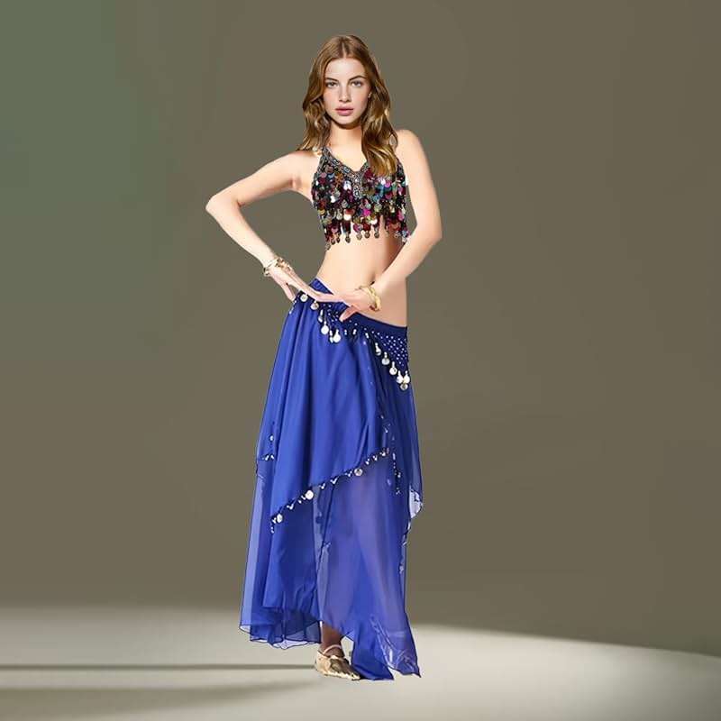 Tefrica Women's Chiffon Belly Dance Costume Skirts Indian Dance Skirt with Coins - Image 6