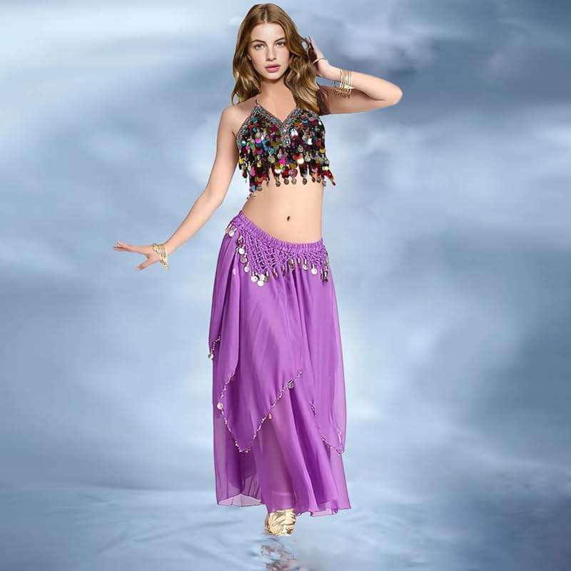 Tefrica Women's Chiffon Belly Dance Costume Skirts Indian Dance Skirt with Coins - Image 7